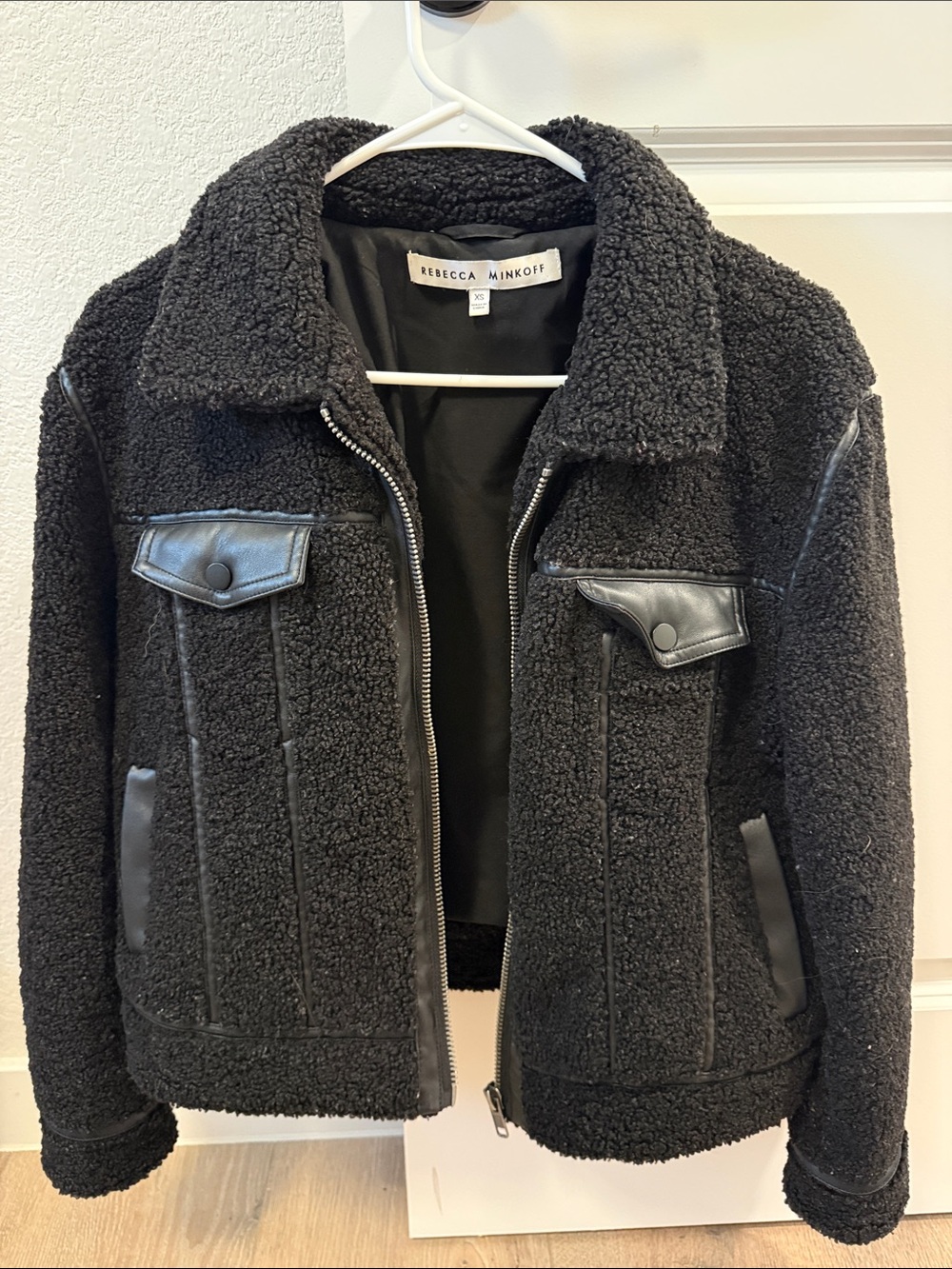 Rebecca Minkoff Black Sherpa Bomber with Faux Leather Accents